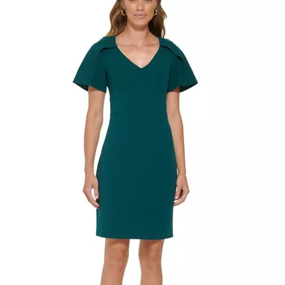 NWOT DKNY Cape Flutter Sleeve Sheath Pine Forest Green Dress Women Size 8